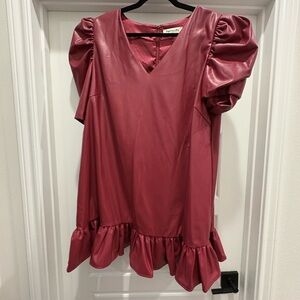 Red Faux Leather Dress with Ruffle Hem